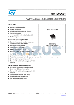 M41T00SC64MY6F datasheet - Real-Time Clock  64Kbit (8192 x 8) EEPROM