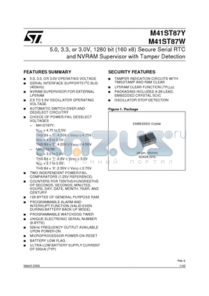 M41ST87W datasheet - 5.0, 3.3, or 3.0V, 1280 bit (160 x8) Secure Serial RTC and NVRAM Supervisor with Tamper Detection