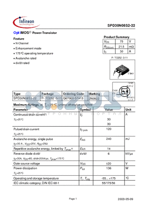 SPD30N08S2-22 datasheet - OptiMOS Power-Transistor