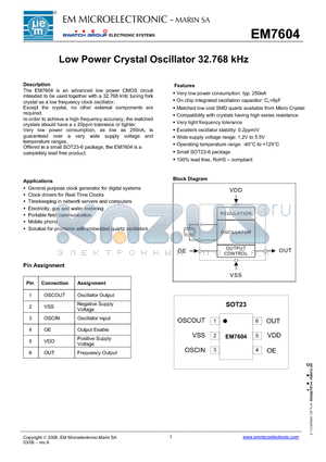 EM7604 datasheet - Low Power Crystal Oscillator 32.768 kHz