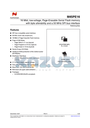 M45PE16-VMW6TP datasheet - 16 Mbit, low-voltage, Page-Erasable Serial Flash memory with byte alterability and a 50 MHz SPI bus interface
