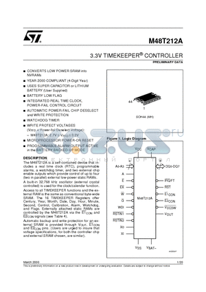 M48T212A-85MH1TR datasheet - 3.3V TIMEKEEPER CONTROLLER