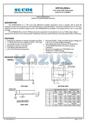 SPEMA2004A datasheet - 1.7W Mono Fully Differential Audio Power Amplifier