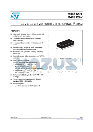 M48Z129Y-70PM1 datasheet - 5.0 V or 3.3 V, 1 Mbit (128 Kb x 8) ZEROPOWER^ SRAM
