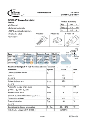 SPI10N10 datasheet - SIPMOS Power-Transistor