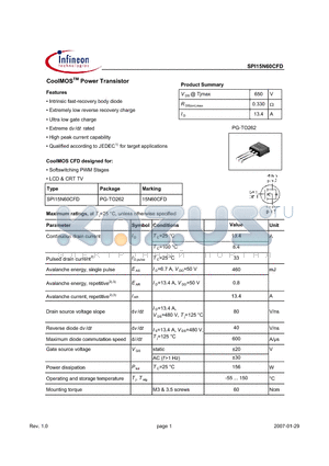 SPI15N60CFD datasheet - CoolMOSTM Power Transistor Intrinsic fast-recovery body diode
