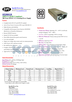 SPI3001UH datasheet - 300 Watts EPS12V 1U Switching Power Supply