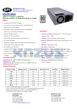 SPI350U4BM8 datasheet - 350 Watts ATX12V 1U Medical Grade Power Supply