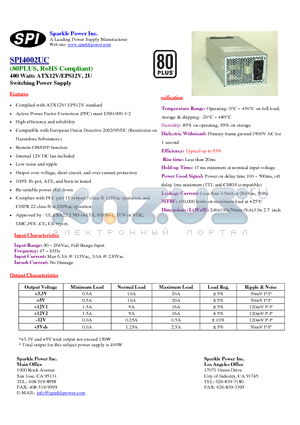 SPI4002UC datasheet - 400 Watts ATX12V/EPS12V, 2U Switching Power Supply