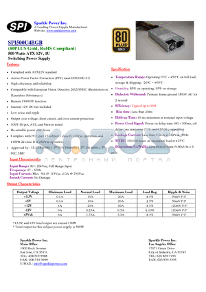 SPI500U4BGB datasheet - 500 Watts ATX 12V, 1U Switching Power Supply