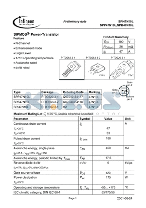 SPI47N10L datasheet - SIPMOS Power-Transistor