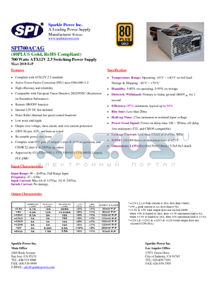 SPI700ACAG datasheet - 700 Watts ATX12V 2.3 Switching Power Supply Meet 2010 ErP