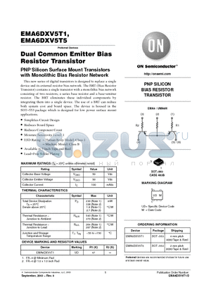 EMA6DXV5T1 datasheet - Dual Common Emitter Bias Resistor Transistor PNP Silicon Surface Mount Transistors with Monolithic Bias Resistor Network