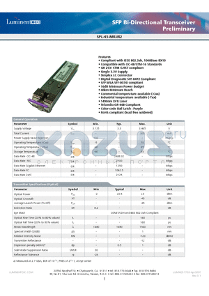 SPL-45-MR-IR2-TDA datasheet - SFP Bi-Directional Transceiver Preliminary