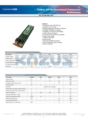 SPL-54-GB-EBZ-CDA datasheet - 120km SFP Bi-Directional Transceiver Preliminary