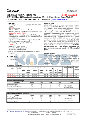 SPL-54B33B-AG datasheet - 3.3V / 622 Mbps 1490 nm Continuous-Mode TX / 155 Mbps 1310 nm Burst-Mode RX ITU-T G.983.3 B-PON CLASS B SFP OLT Transceiver