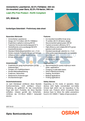 SPLBS94-2S datasheet - Un-mounted Laser Bars, 82.5% Fill-factor, 940 nm