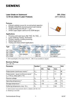 SPLCG85 datasheet - Laser Diode on Submount 1.0 W cw Class 4 Laser Product