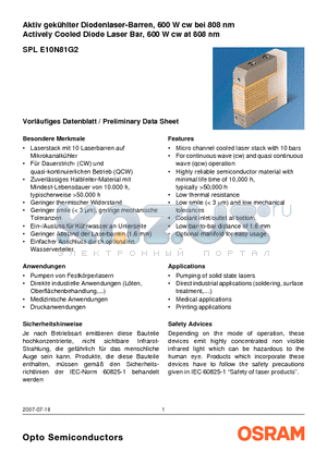 SPLE10N81G2 datasheet - Actively Cooled Diode Laser Bar, 600 W cw at 808 nm