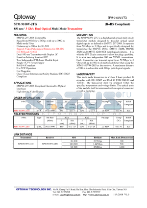 SPM-9100V-2TG datasheet - 850 nm / 3 Gb/s Dual Optical Multi-Mode Transmitter