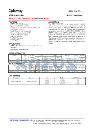 SPM-9100V-1RG datasheet - 850 nm / 3 Gb/s Single Optical Multi-Mode Receiver