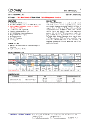 SPM-9100VW-2RG datasheet - 850 nm / 3 Gb/s Dual Optical Multi-Mode Digital Diagnostic Receiver