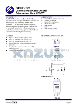 SPN8822TS8RG datasheet - Common-Drain Dual N-Channel Enhancement Mode MOSFET