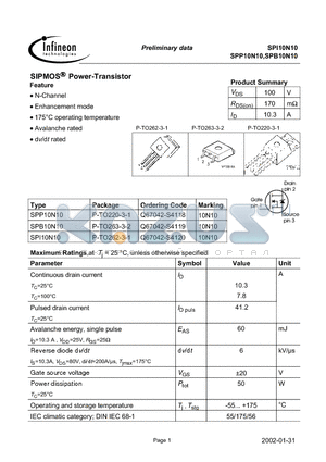 SPP10N10 datasheet - SIPMOS Power-Transistor