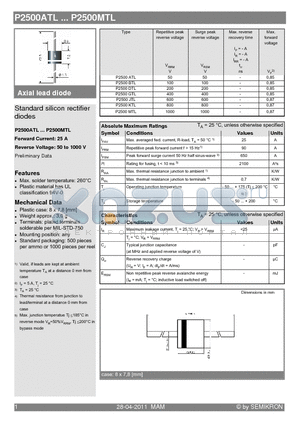 P2500KTL datasheet - Standard silicon rectifier diodes