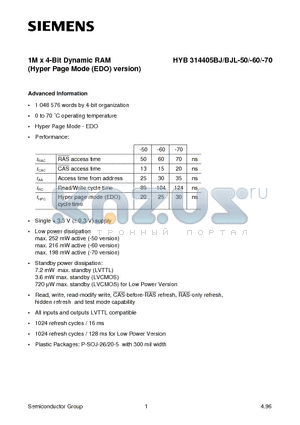 HYB314405BJ-50 datasheet - 1M x 4-Bit Dynamic RAM