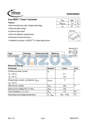 SPN03N60S5 datasheet - New revolutionary high voltage technology Ultra low gate chargeExtreme dv/dt rated