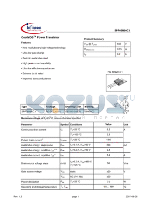 SPP06N60C3 datasheet - CoolMOSTM Power Transistor Features New revolutionary high voltage technology