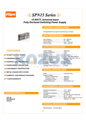 SPN15 datasheet - 15 WATT, Universal Input Fully Enclosed Switching Power Supply