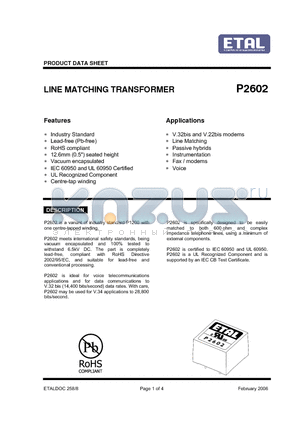 P2602 datasheet - LINE MATCHING TRANSFORMER