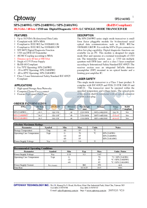 SPS-2140WG datasheet - 10.3 Gb/s / 40 km / 1310 nm Digital Diagnostic SFP LC SINGLE-MODE TRANSCEIVER