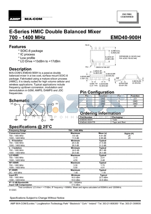 EMD40-900HTR datasheet - E-Series HMIC Double Balanced Mixer 700 - 1400 MHz