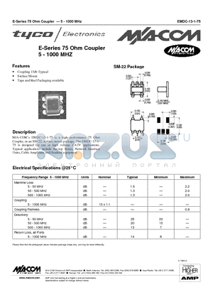 EMDC-13-1-75 datasheet - E-Series 75 Ohm Coupler 5 - 1000 MHZ