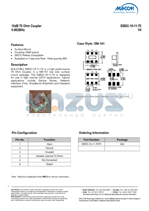 EMDC-16-11-75TR datasheet - 16dB 75 Ohm Coupler 5-862MHz