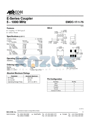 EMDC-17-1-75TR datasheet - E-Series Coupler 5 - 1000 MHz