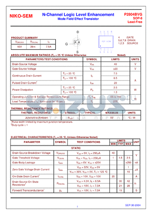 P2804BVG datasheet - N-Channel Logic Level Enhancement Mode Field Effect Transistor