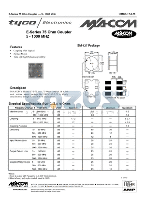 EMDC-17-5-75 datasheet - E-Series 75 Ohm Coupler 5 - 1000 MHZ