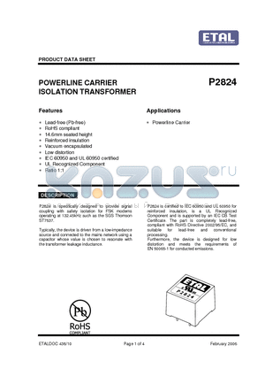 P2824 datasheet - POWERLINE CARRIER ISOLATION TRANSFORMER