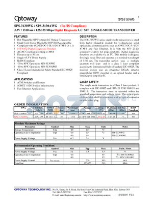 SPS-3130AWG datasheet - 3.3V / 1310 nm / 125/155 Mbps Digital Diagnostic LC SFP SINGLE-MODE TRANSCEIVER