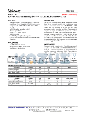 SPS-3151G_08 datasheet - 3.3V / 1310 nm / 125/155 Mbps LC SFP SINGLE-MODE TRANSCEIVER