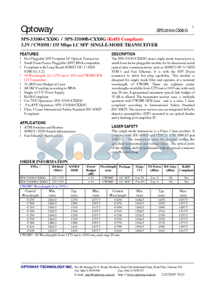 SPS-33100B-CXX0G datasheet - 3.3V / CWDM / 155 Mbps LC SFP SINGLE-MODE TRANSCEIVER