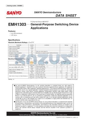 EMH1303 datasheet - P-Channel Silicon MOSFET General-Purpose Switching Device Applications