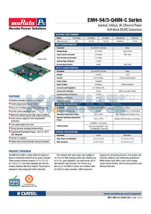 EMH-54-Q48N-C datasheet - Isolated, 54Vout, 3A, Ethernet Power Half-Brick DC/DC Converters