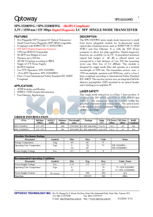 SPS-33200BWG datasheet - 3.3V / 1550 nm / 155 Mbps Digital Diagnostic LC SFP SINGLE-MODE TRANSCEIVER