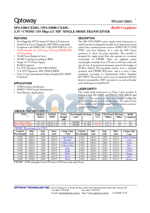 SPS-3380B-CXX0G datasheet - 3.3V / CWDM / 155 Mbps LC SFP SINGLE-MODE TRANSCEIVER