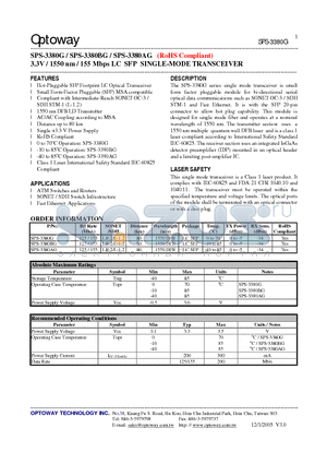 SPS-3380BG datasheet - 3.3V / 1550 nm / 155 Mbps LC SFP SINGLE-MODE TRANSCEIVER